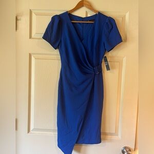 New York & Company Blue Ruched Wrap Mini Dress
